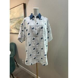Vintage Quizz Again Butterfly Print Denim Collar Button-Up Shirt – Size L
